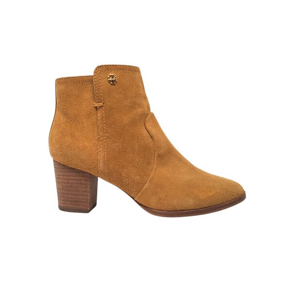 Tory Burch Sabe Heeled Ankle Booties Suede Leather Tan Gold Logo Size US 7 - Picture 2 of 9